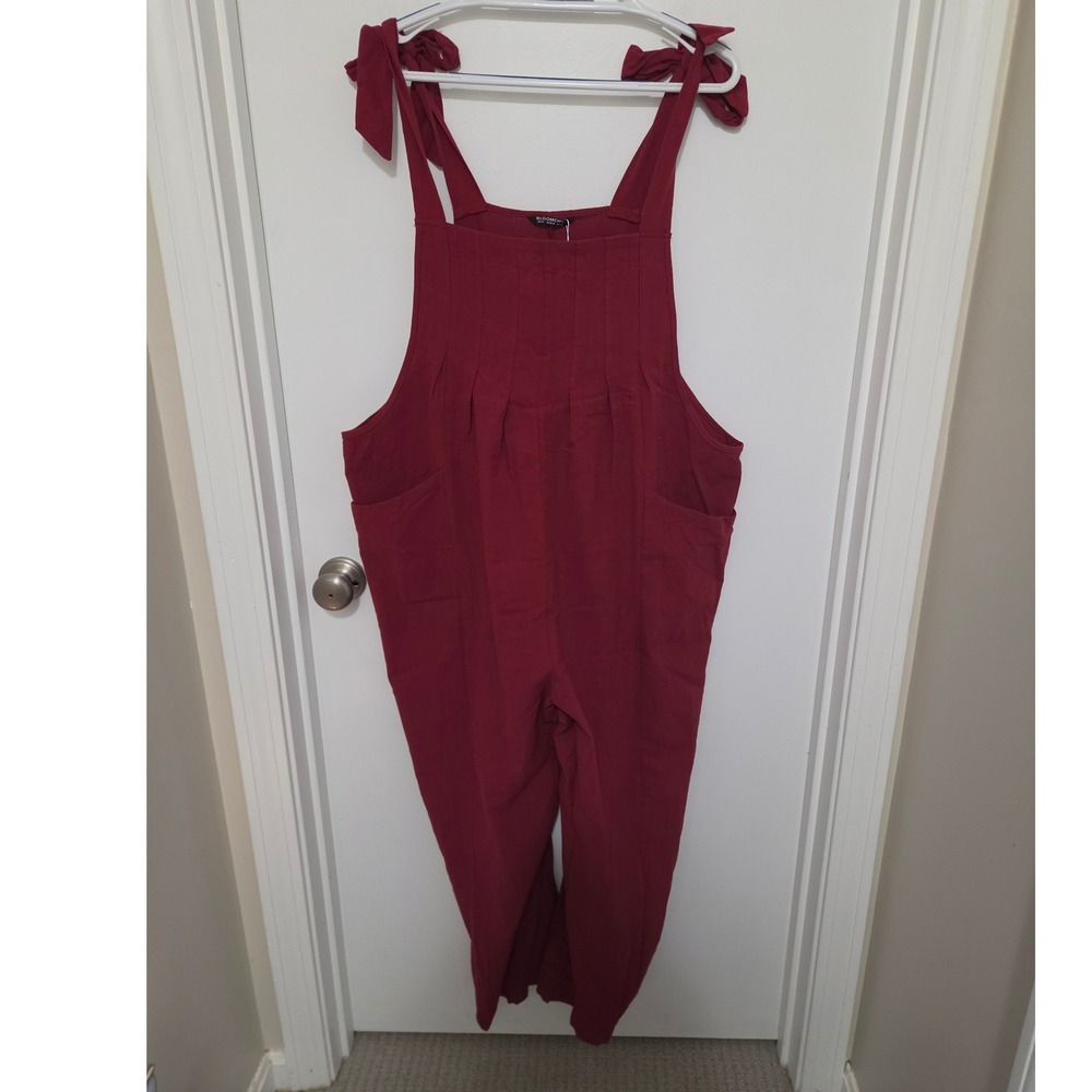 BloomChic Burgundy Red Cotton Tie Shoulder Pleated Wide Leg Overalls US 14-16